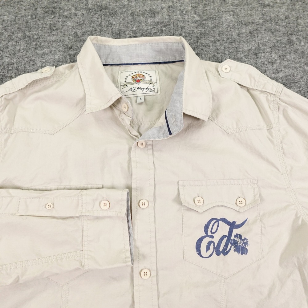 Ed Hardy Shirt Mens Large Beige Tattoo Graphic Love Kills Slowly‎ Western Style